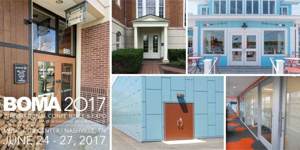 Special-Lite to Exhibit in Nashville at BOMA 2017, showcasing a stunning collage of building pictures featuring windows and doors.
