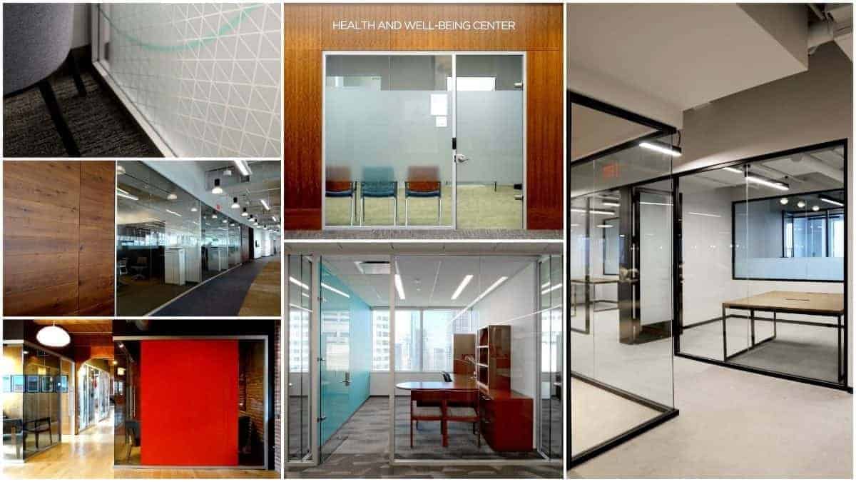 A collage of pictures showcasing LiteSpace, a new product featuring glass walls in office settings.