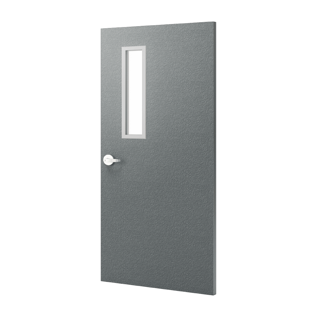A render showing a grey pebble texture with a half narrow lite kit (left side of upper door) and a handle.