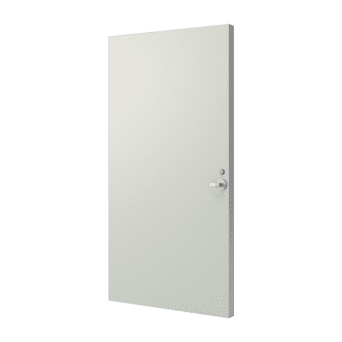 A solid lite grey door render with a door handle on the right side.