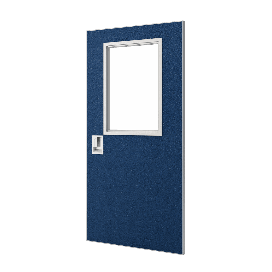 A render in blue with a pebble texture along with a recessed pull and one upper large lite kit (a half lite door).