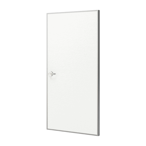 A fire-rated white door with a stainless steel edge on a white background.