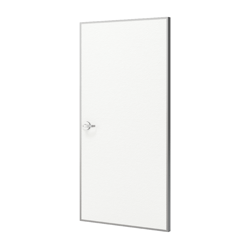 Door render with a white, pebble textured face sheet and aluminum vertical edges on all sides and a single door handle.