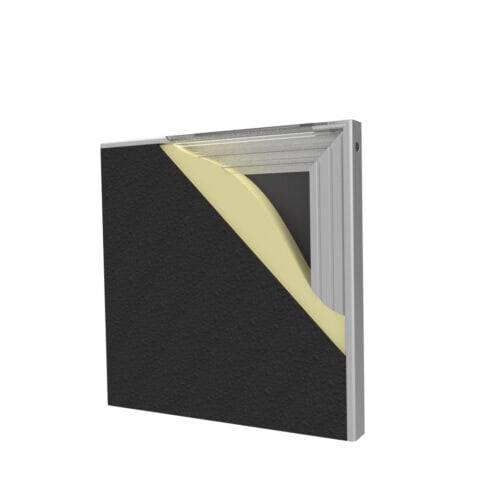 A cross-section of a multi-layered wall panel used in commercial bathroom partitions, showcasing layers of black, yellow, and gray materials with sleek metallic edges.