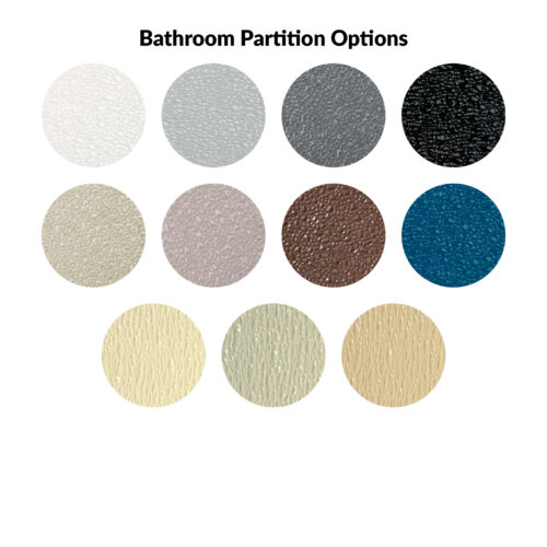 The image displays a selection of ten circular commercial bathroom partition color options: white, light grey, dark grey, black, beige, sand, brown, blue, light green, and cream.