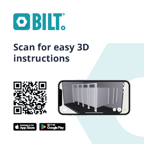 Experience innovation with the BILT app as it showcases commercial bathroom partitions in stunning 3D. Easily scan the QR code to download from the App Store or Google Play, and revolutionize your project management with just a tap on your iPhone.