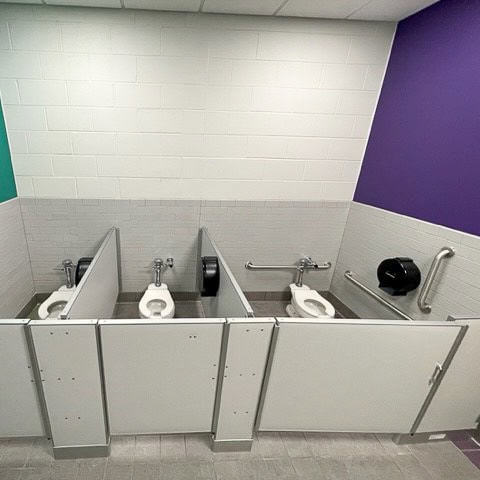 A public restroom with three stalls divided by commercial bathroom partitions, white tiled walls, and two-tone purple and teal accent walls. One toilet is lower to the ground, indicating accessibility, with grab bars and a wall-mounted paper dispenser.
