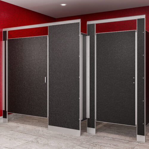 Public restroom stalls feature sleek commercial bathroom partitions with black doors, vibrant red walls, and a modern grey-tiled floor.