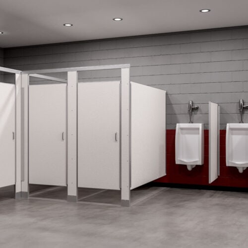 The public restroom interior features sturdy commercial bathroom partitions separating three closed toilet stalls on the left, while two wall-mounted urinals sit to the right, all bathed in light from overhead fixtures.