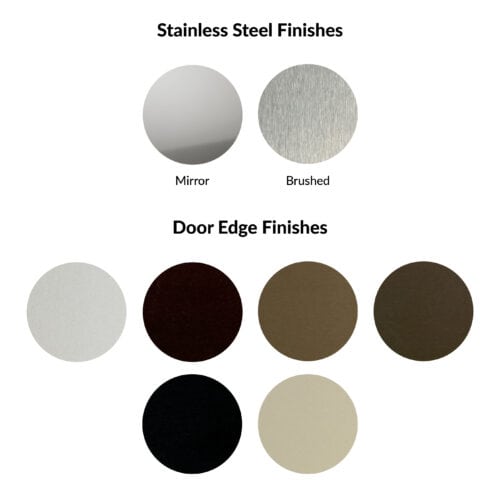 Eight circular swatches in various neutral tones are arranged in two rows, with the top row featuring light gray and silver, reminiscent of smooth aluminum flush doors.