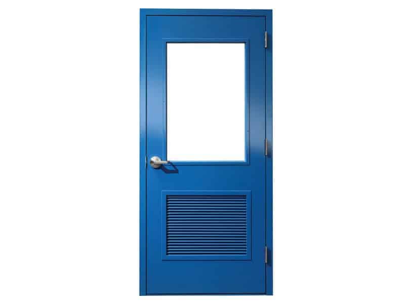 A blue metal door on a white background.