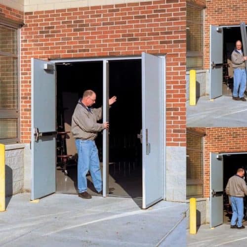 Four pictures of a man opening a door.