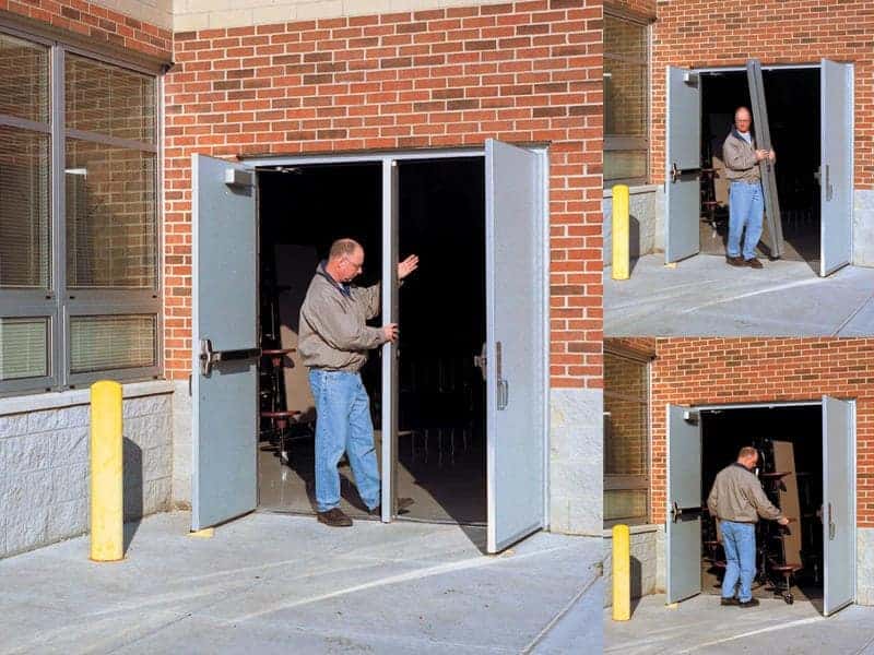 Four pictures of a man opening a door.