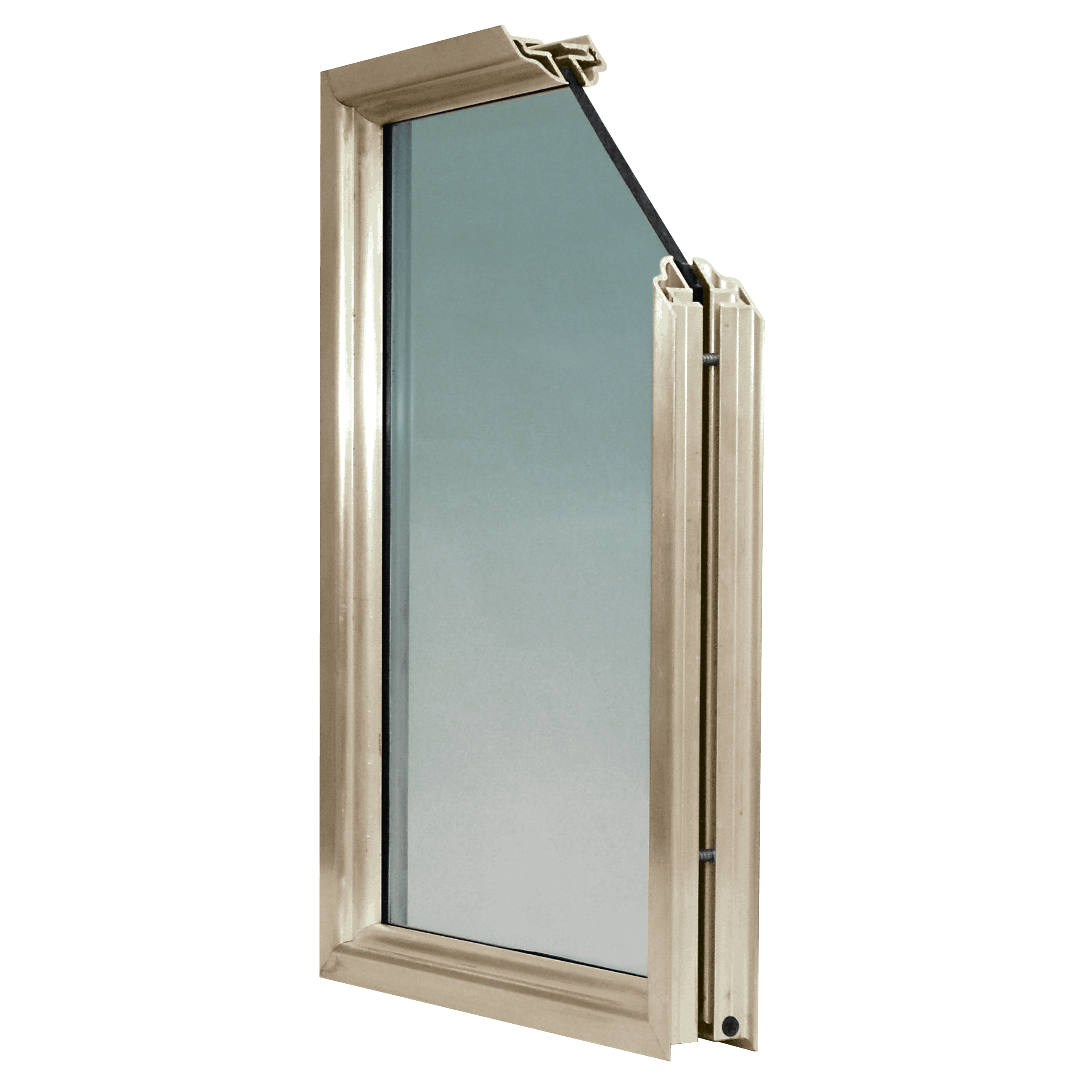 An aluminum window with a glass panel.