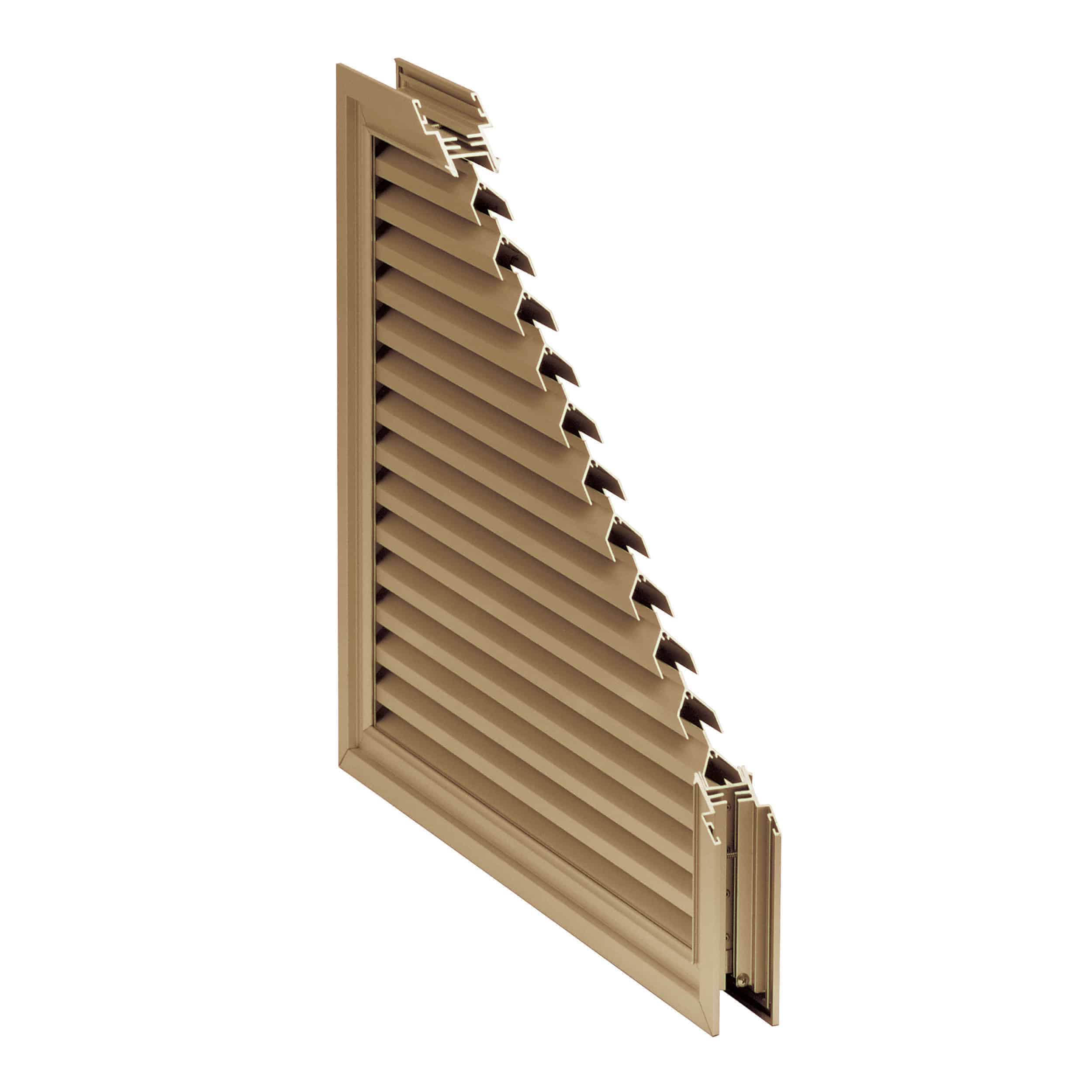 An image of a tan slatted louver on a white background.