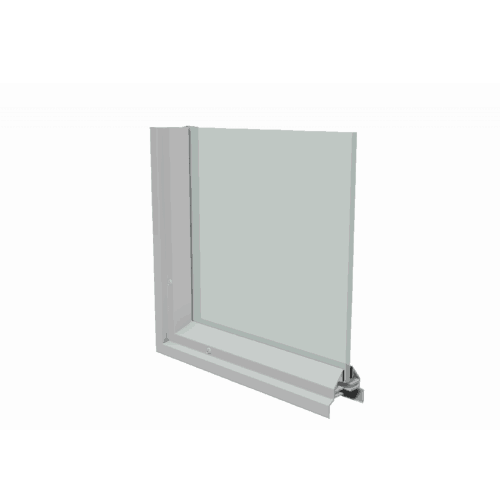 A sliding glass door with a frame on a white background.