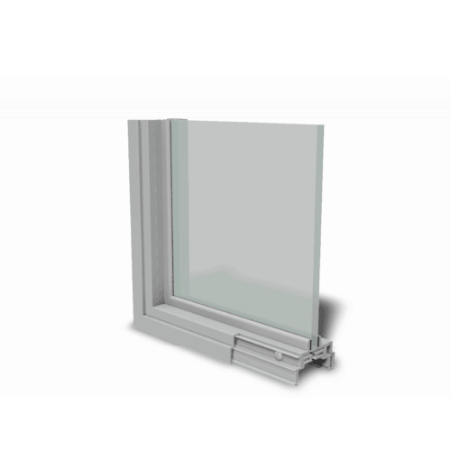 A glass window with a frame on a white background.