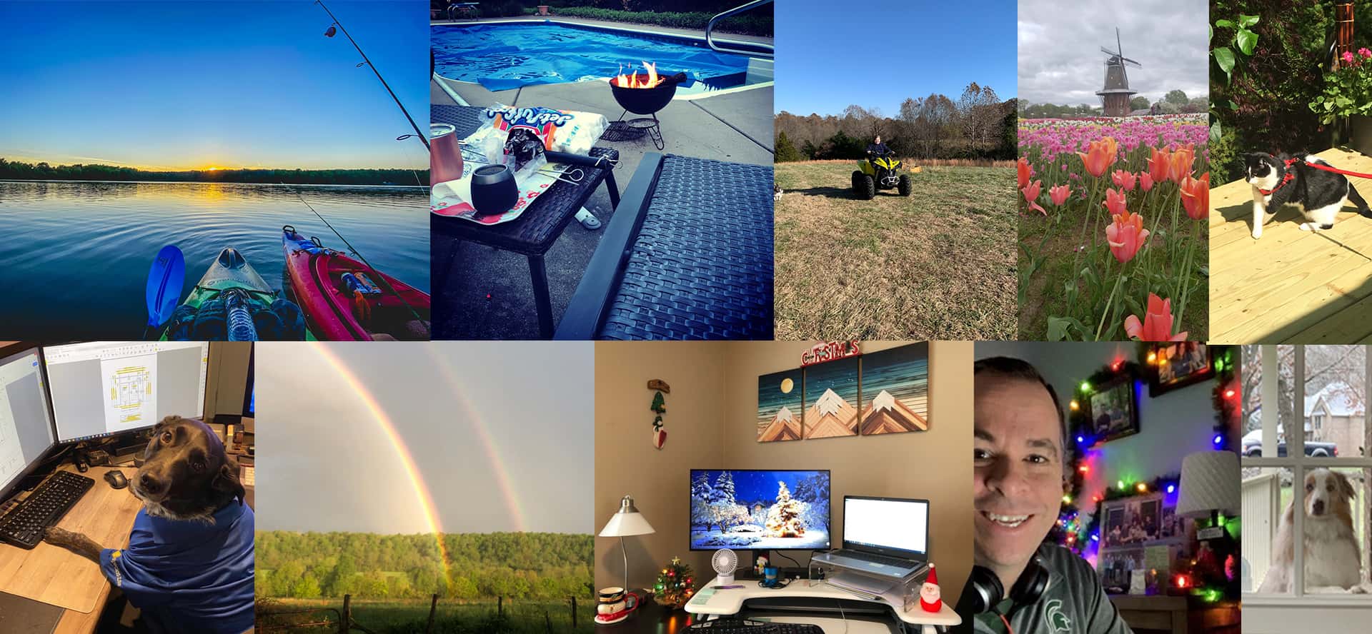 A nostalgic collage of photos, capturing the year 2020, with a vibrant rainbow at its core.
