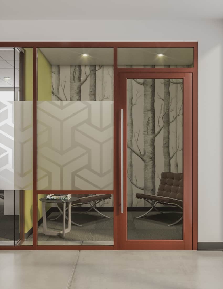 Interiors don't always have to be solid; consider glass partitions with a mix of wood grain doors. 