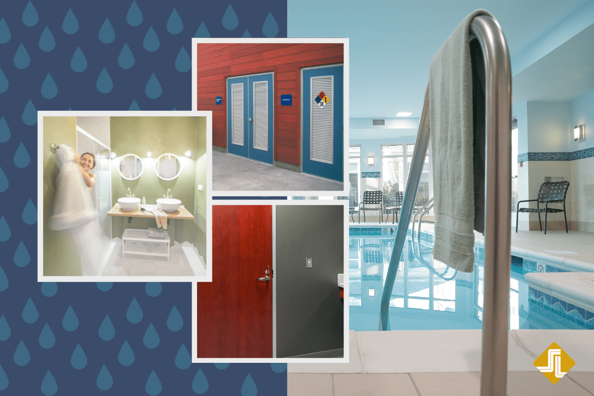 A collage of photos showcasing a shower and toilet in a bathroom, highlighting the challenge of humidity in hospitality buildings.