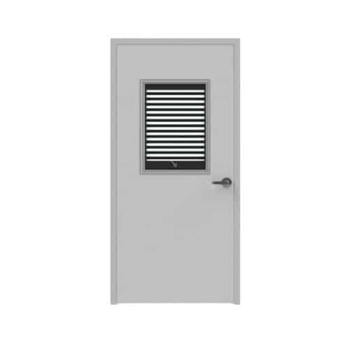 A grey door with an open 1