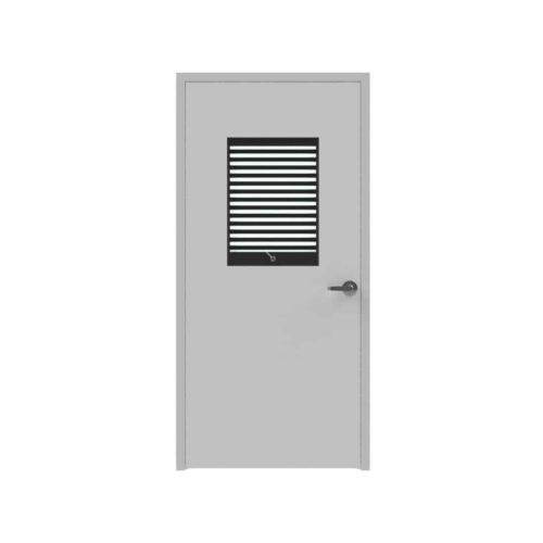 A gray door with a privacy flush vision panel.