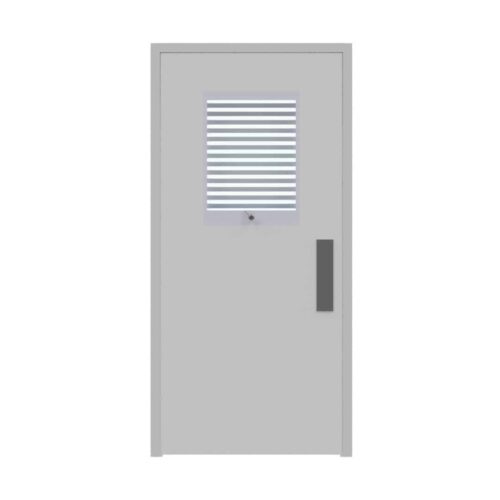 A gray door with a privacy flush vision panel.