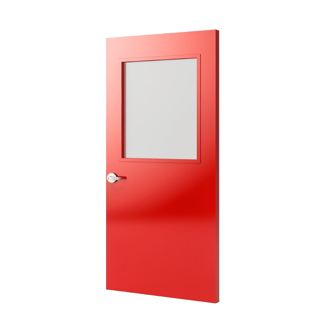A door rendering with a red face sheet, handle and half lite kit.
