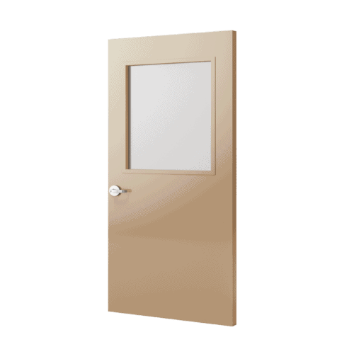 A beige door render with a half lite window and handle.