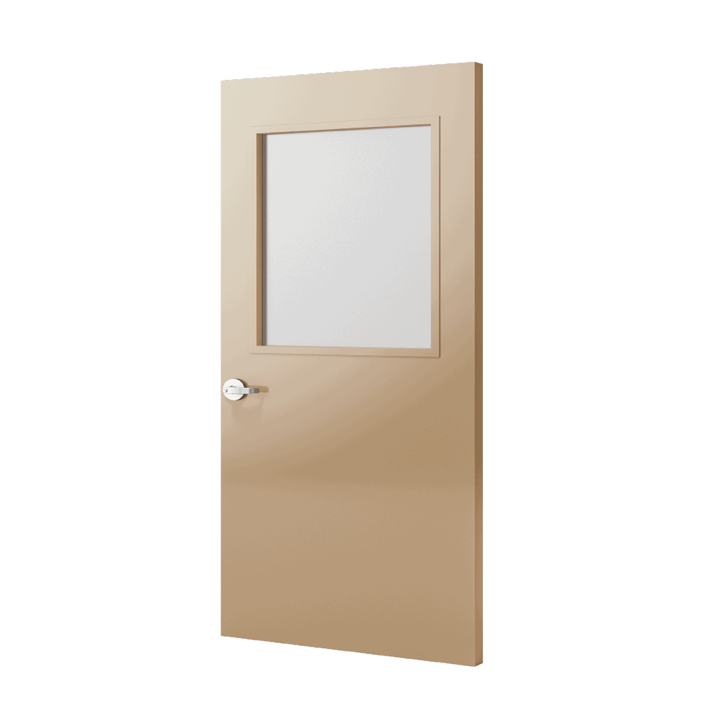 A 3d image of a beige door with a glass window.