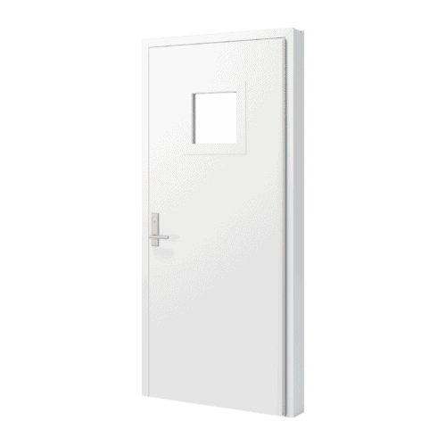 A white door render with handle and a 24 x 24 square lite kit.