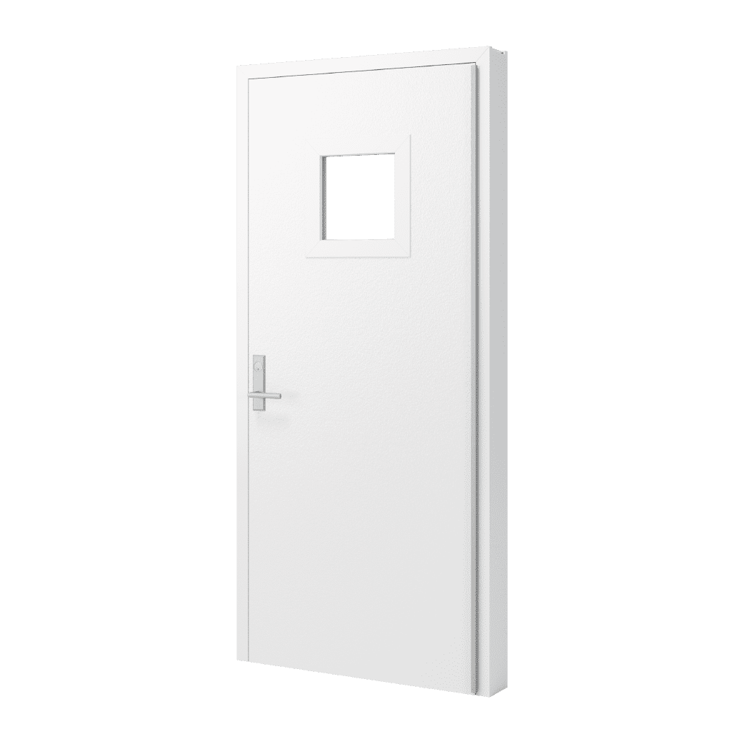 A white door render with handle and a 24 x 24 square lite kit.