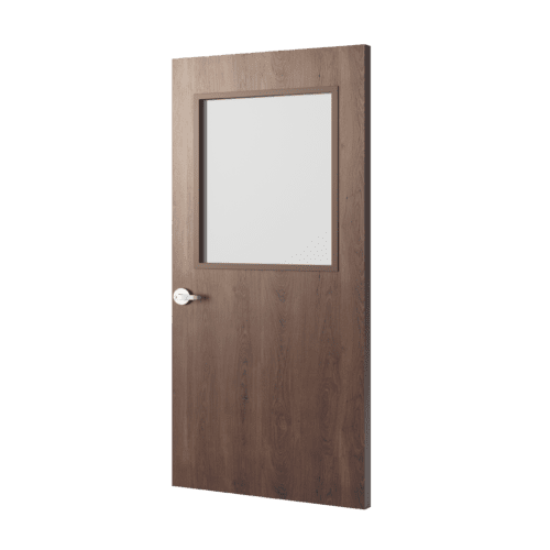 A door render with a rustic oak finish, handle and upper half lite window kit.