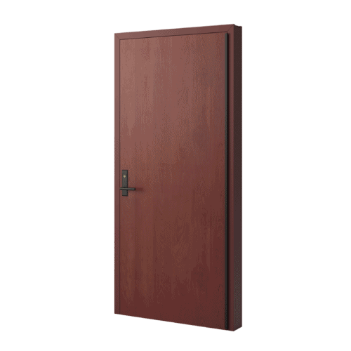 A wooden door with a black handle on a white background.