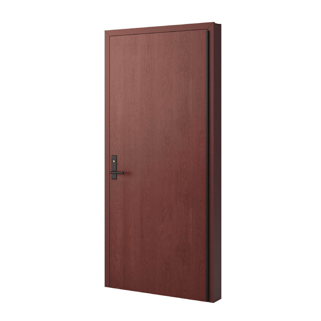 A dark cherry door render with a bronze metal door handle.