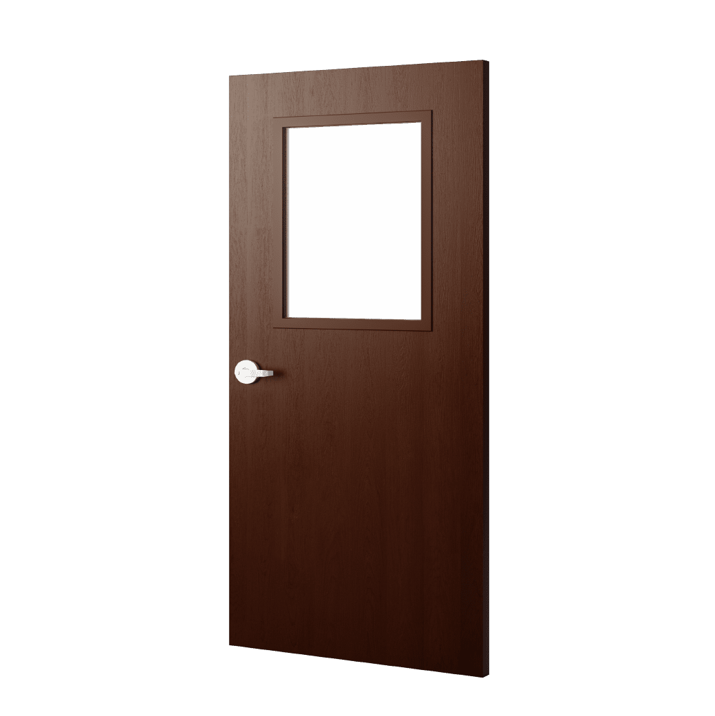 A brown wooden door with a glass window.