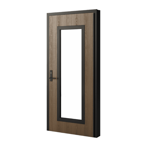 A door render with a rustic dark walnut finish, full window lite kit, handle and dark bronze trim.