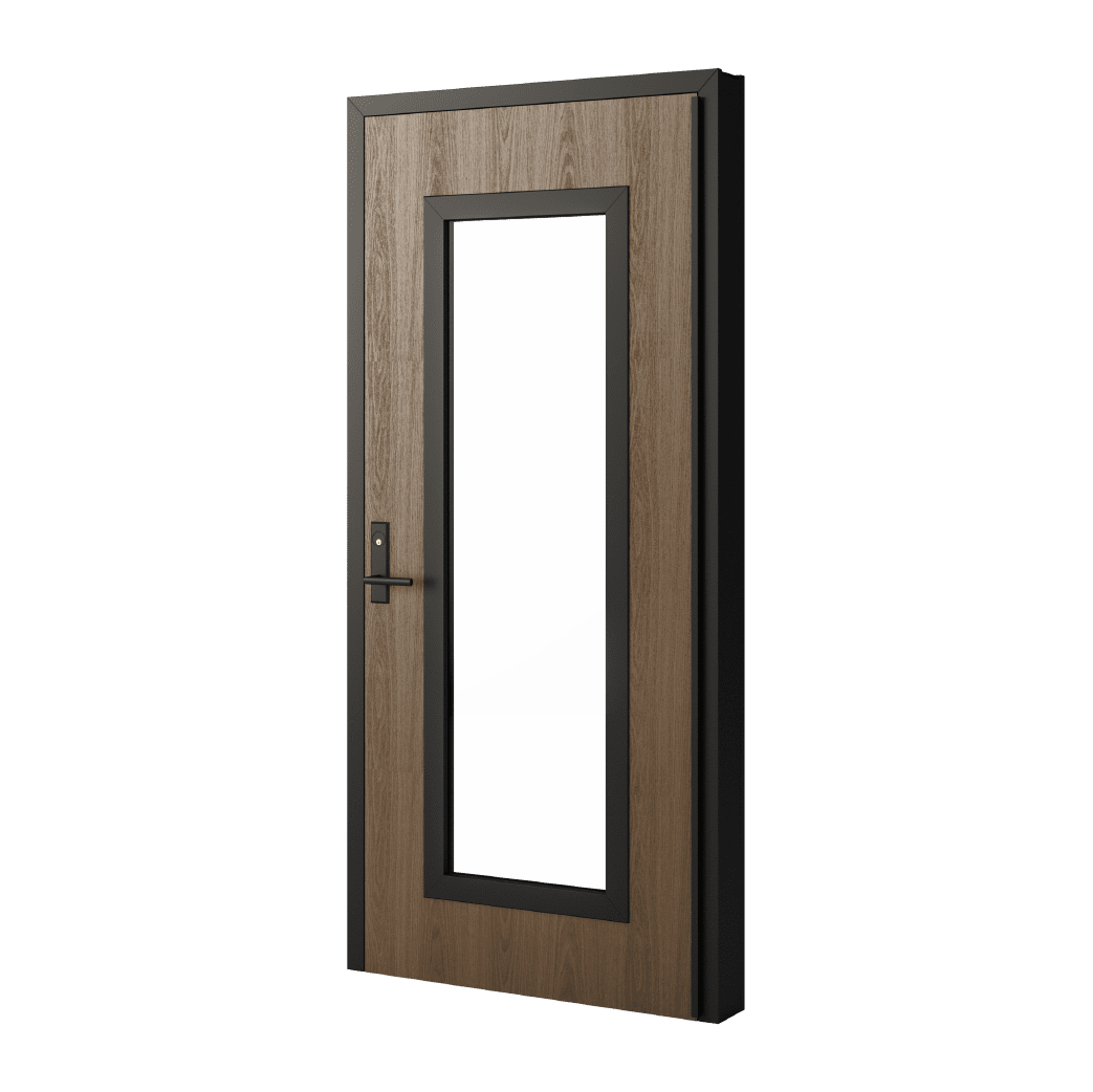 A wooden door with a black frame.