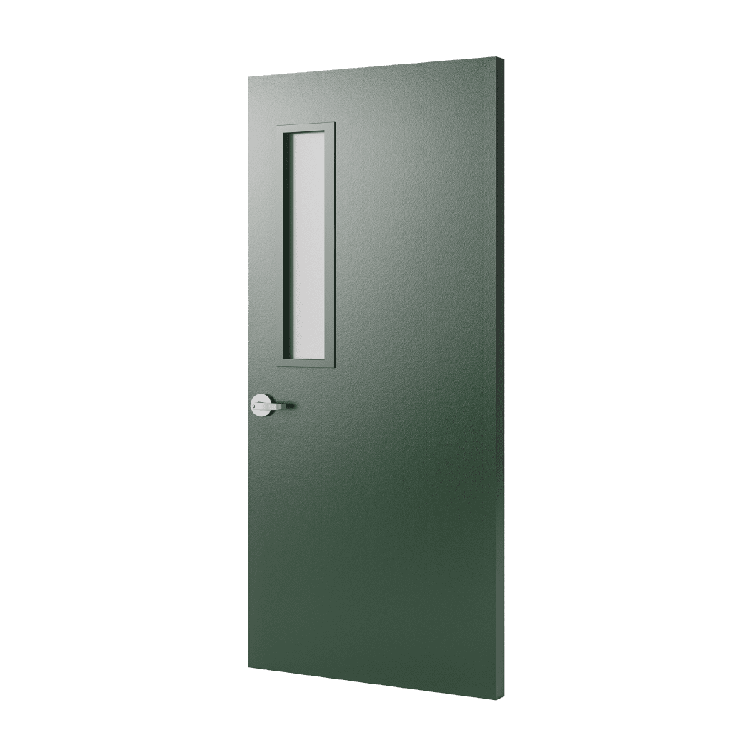 A dark green door render with a half narrow lite kit and handle.