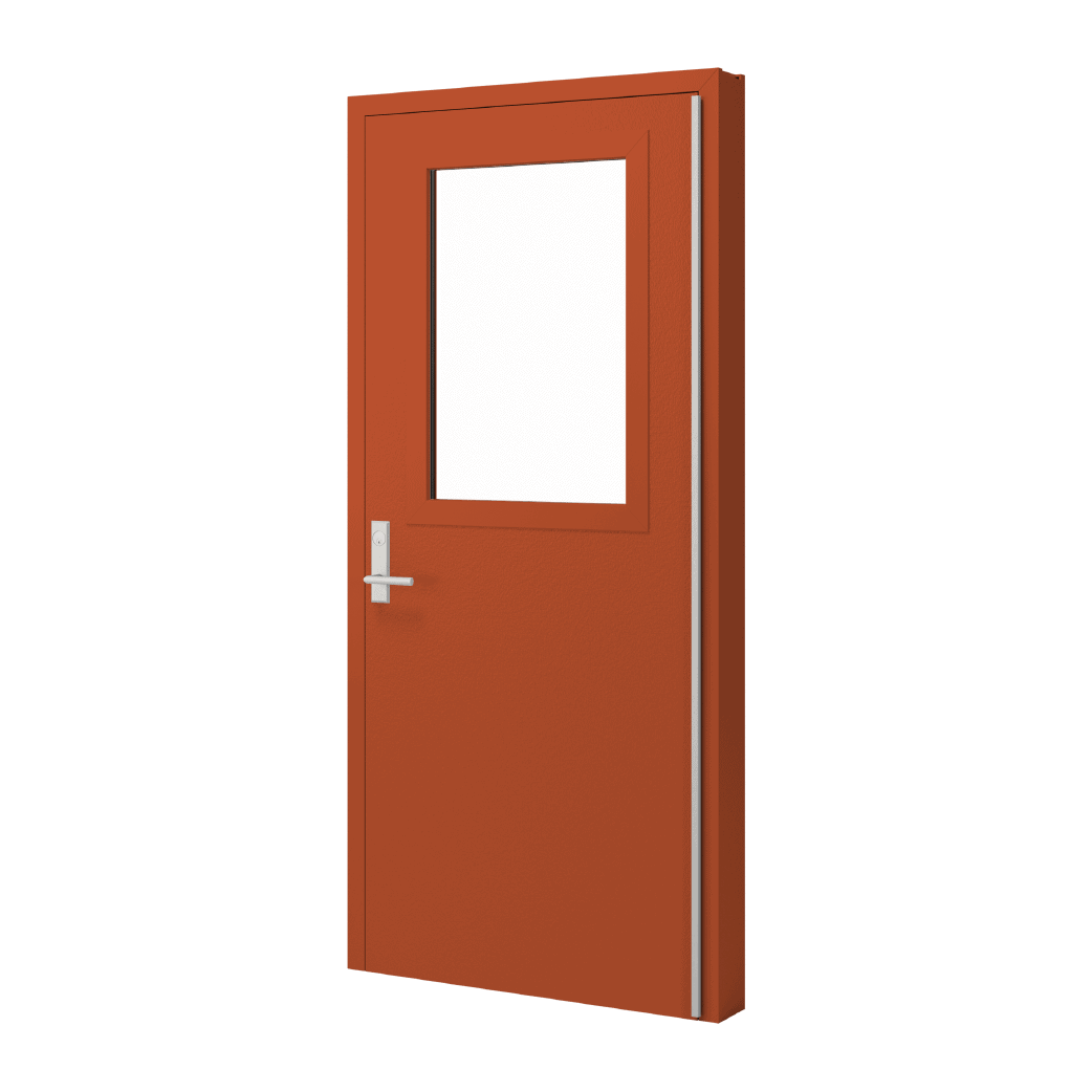 An orange door on a beige background.