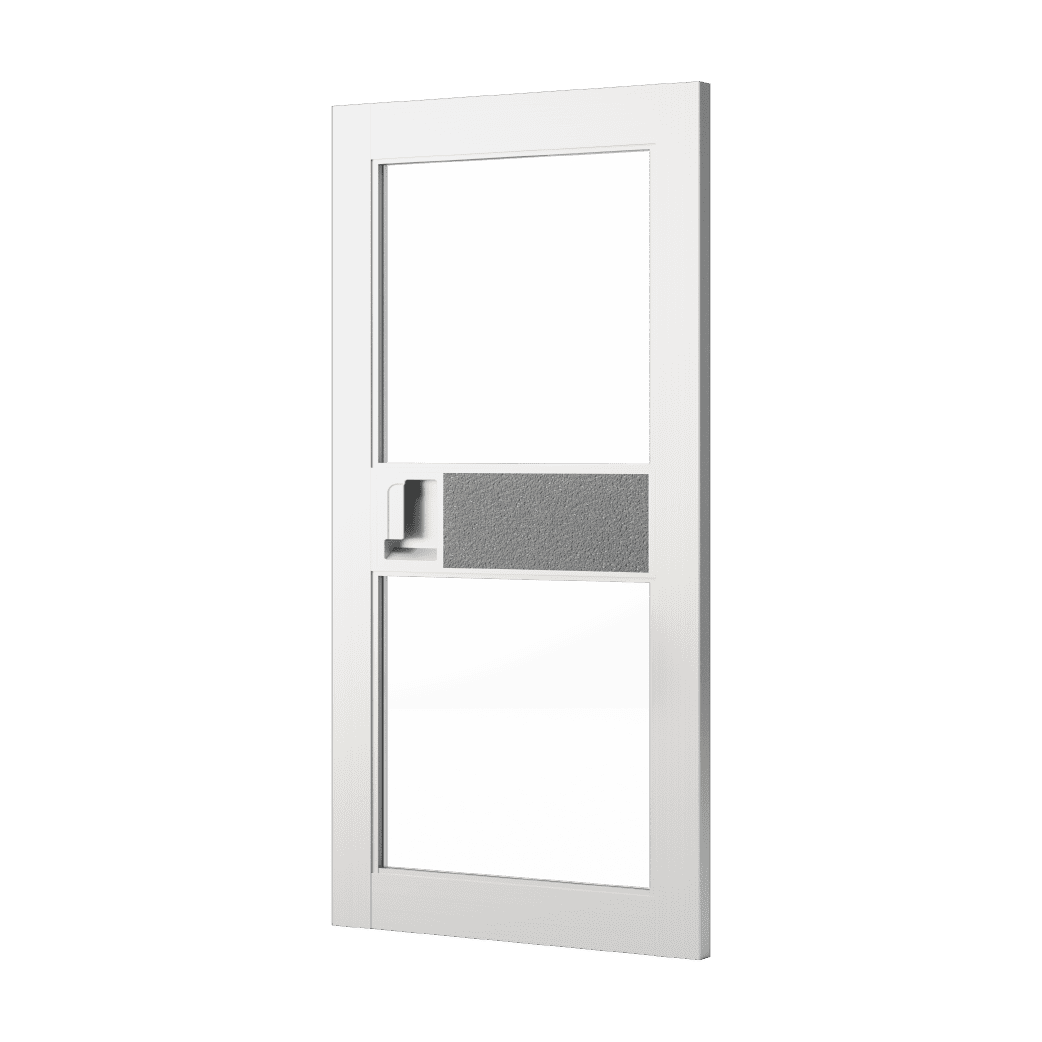 This light grey door render shows a version with a mid-panel next to a recessed pull in between two lites (upper and lower).
