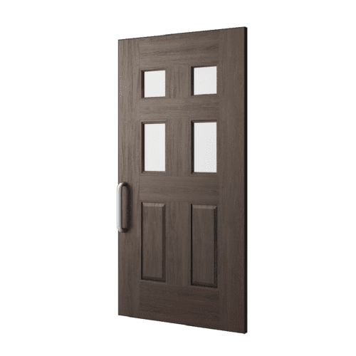 A dark walnut, 6-panel fiberglass wood door with long handle and four half lite kits (upper four panels).