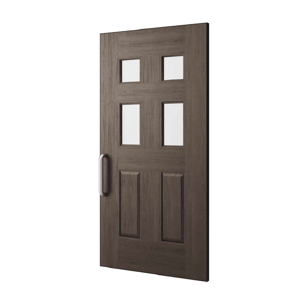 A dark walnut, 6-panel door render with long handle and four half lite kits (upper four panels).
