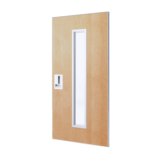 A commercial door render showing a contemporary, light maple, wood grain finish, recessed pull and a full narrow lite kit.
