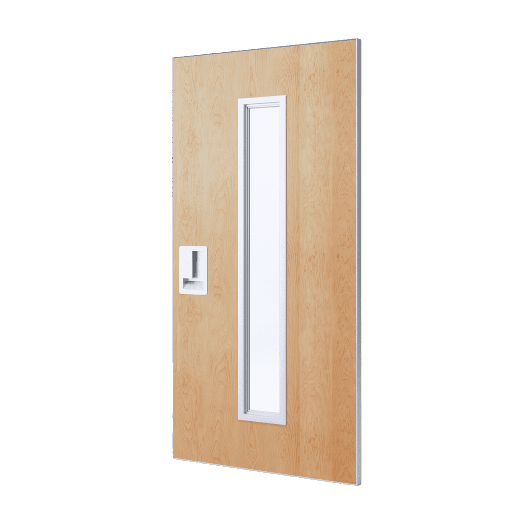 A commercial door render showing a contemporary, light maple, wood grain finish, recessed pull and a full narrow lite kit.