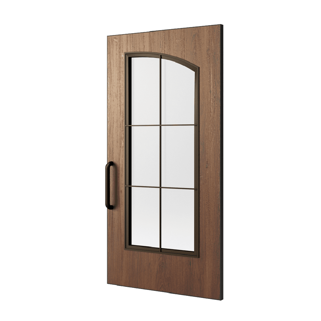 A commercial wood door render with a dark walnut finish, door pull, and full lite window kit with muntins. The top of the lite kit is curved.