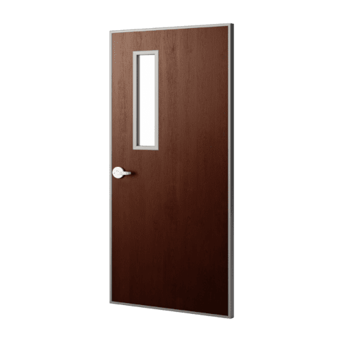 A brown wooden door with a glass panel.