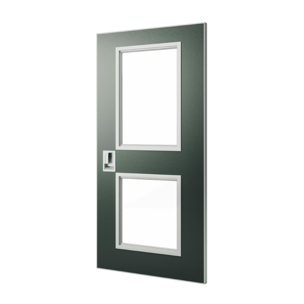 This green door render shows a version with a mid-panel next to a recessed pull in between two lites (upper and lower).