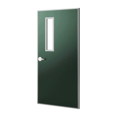 a dark green door render with handle and narrow half lite kit.