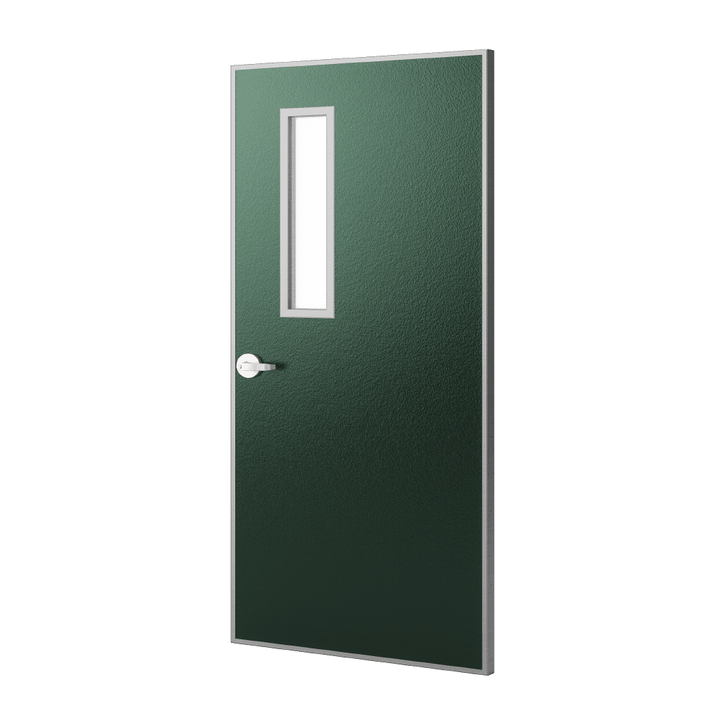 A green door on a white background.